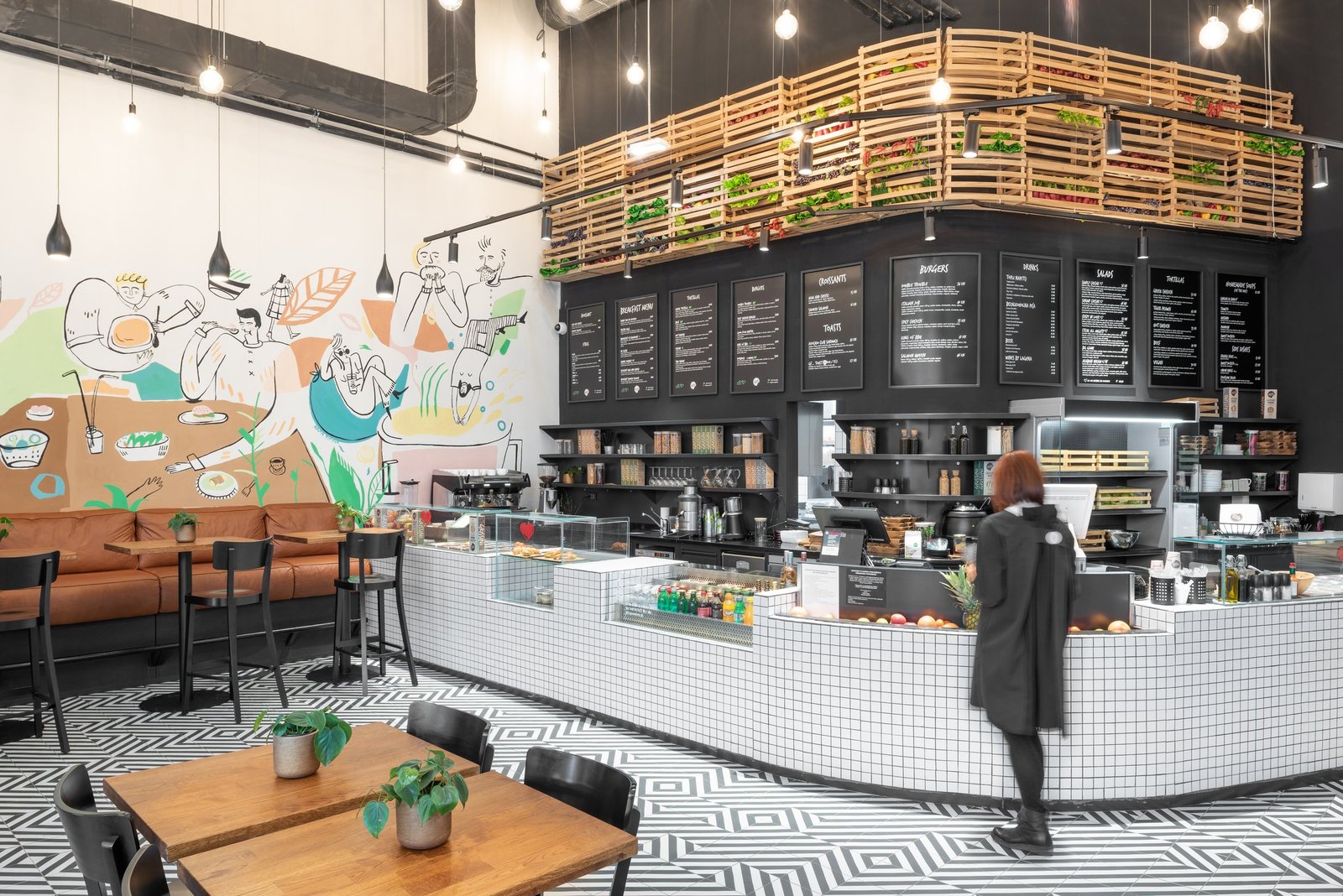 Good Food: tiled counter, mural and patterned floor