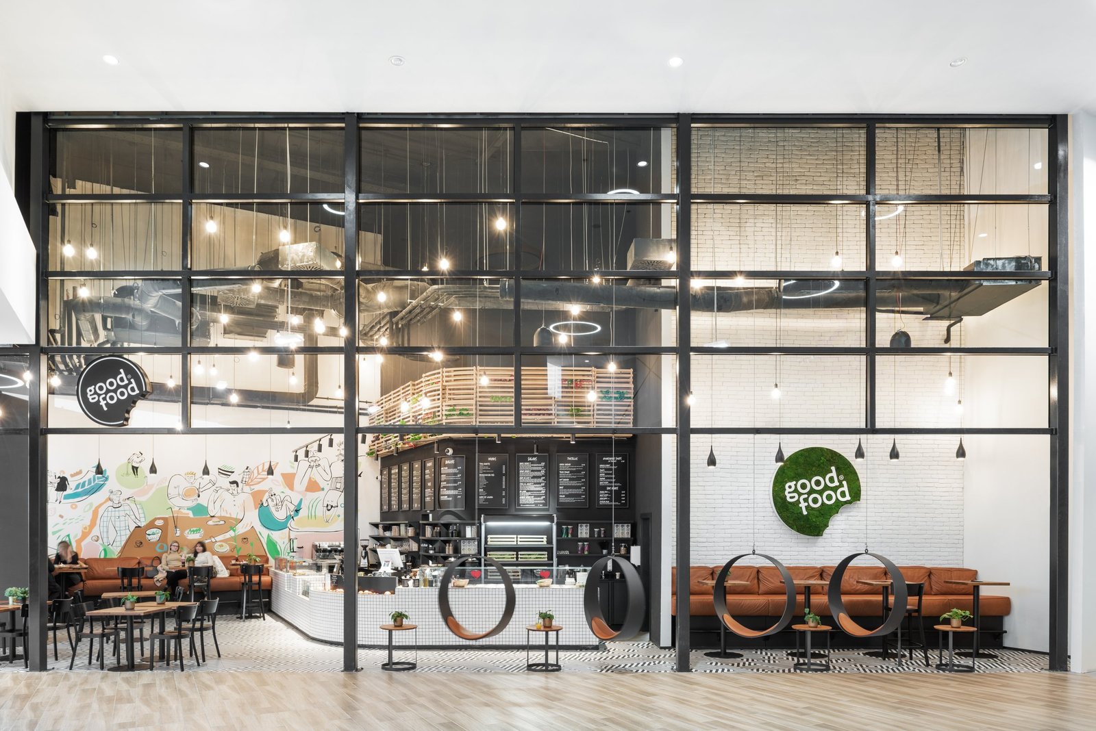 Good Food: glass and steel front with the green Good Food sign