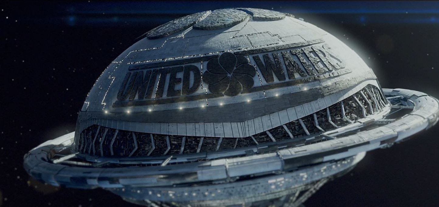 Spaceship with a United Waters dome floating in space, from a feature film